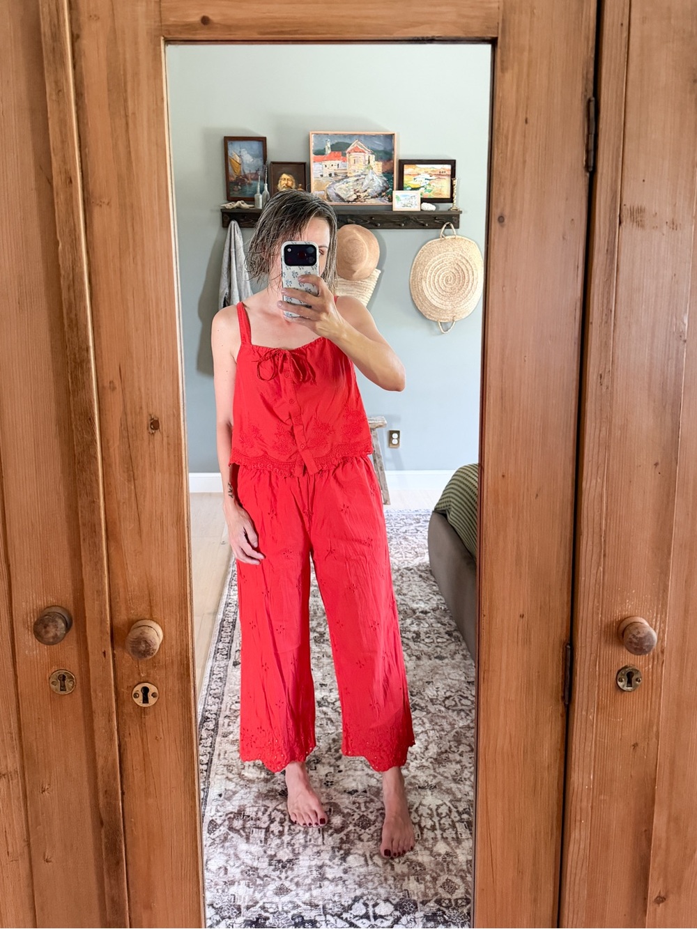 Old Navy Red Eyelet Cotton Two-Piece Top & Wide-Leg Pants Set Size M